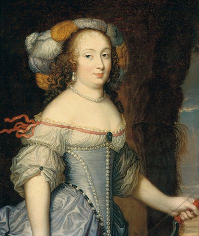Retrato de Françoise Anthénais de Rochechouart de Mortemart, marquesa de Montespan (1640-1707), de medio cuerpo, como Diana, con un tocado de plumas y un arco en la mano izquierda (óleo sobre lienzo) de Pierre (circle of) Mignard