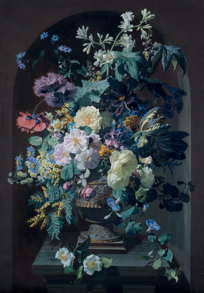 Jarrón de flores con mimosas y jarrón de flores con racimo de uvas (Peer) de Pierre Adrien Chabal Dussurgey
