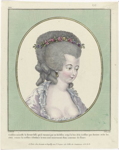 Coiffures, Pufs, Sombreros y Gorros: Once Coiffures y Tocados
Gallerie des Modes et Costumes Français, 1781, oo 218 : Coëffure nouvelle le devant (...) de Pierre Adrien Le Beau