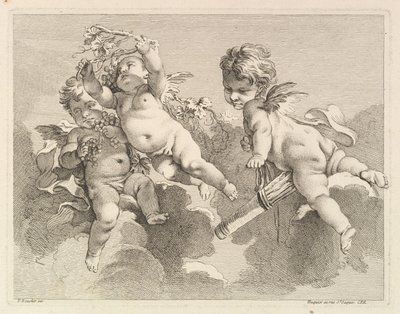 Tres amores, uno sosteniendo un carcaj, el otro, uvas de Pierre Alexandre Aveline