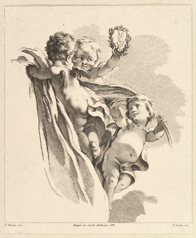 Tres Amores, uno sosteniendo una corona, del Cuarto Libro de Grupos de Niños, siglo XVIII de Pierre Alexandre Aveline