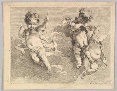Tres amores, uno de los cuales sostiene una flecha de Pierre Alexandre Aveline