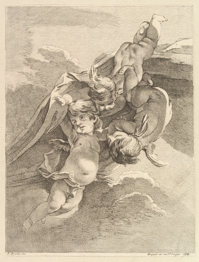 Tres amores sosteniendo una cortina, del Primer Libro de Grotescos de Pierre Alexandre Aveline