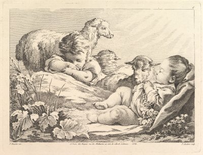 Dos niños durmiendo con tres ovejas, siglo XVIII de Pierre Alexandre Aveline