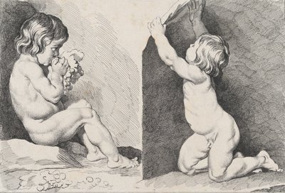Dos niños desnudos comiendo uvas, del Nuevo Libro de Niños, 1720-60 de Pierre Alexandre Aveline