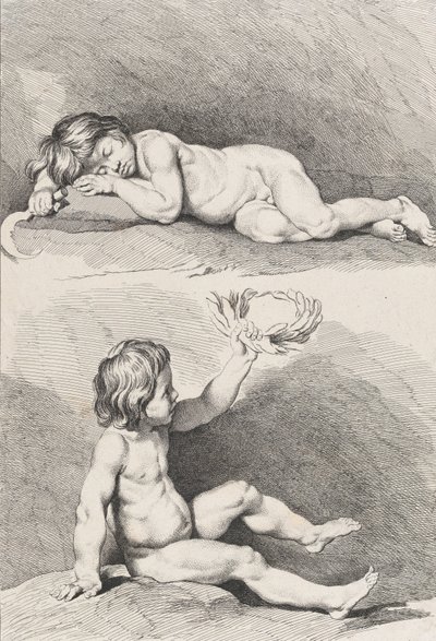 Dos niños desnudos, uno durmiendo y el otro sosteniendo una corona, del Nuevo Libro de Niños..., 1720-60 de Pierre Alexandre Aveline