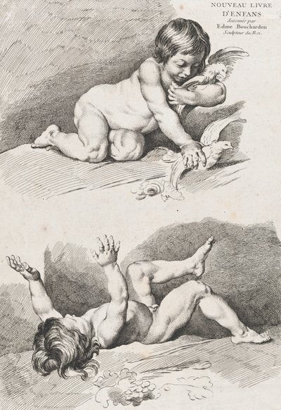 Dos niños desnudos jugando con una hoja, del Nuevo Libro de Niños, 1720-60 de Pierre Alexandre Aveline