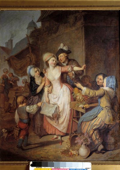 La seducción (un hombre seduce a una joven ofreciéndole un ramo de flores, otra mujer parece advertirla) de Pierre Alexandre Wille