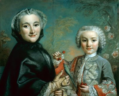 Mujer y niño con un periquito y cerezas de Pierre Allais