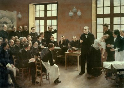 Una conferencia clínica del Dr. Charcot en la Salpêtrière en 1887. Estudiantes del departamento del profesor Jean Martin Charcot (1825-1893) que explica el caso de Blanche Wittman, su paciente y conejillo de indias preferido para su investigación sobre la  de Pierre Andre Brouillet