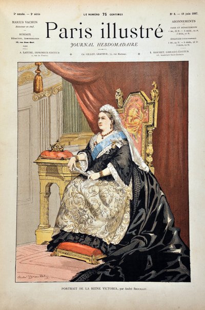 Retrato de Victoria I, Reina de Inglaterra (1819-1901) por Andre Brouillet, Grabado de 1887 en "Paris-Illustrous journal weekly". de Pierre Andre Brouillet