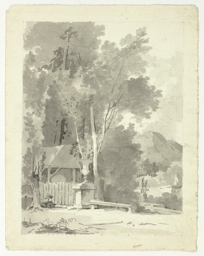 Urna clásica delante de un cobertizo, con templo y montaña al fondo de Pierre Antoine Mongin