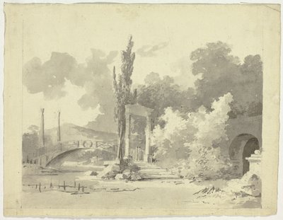 Vista del parque de Versalles: Puente arqueado con columnas de Pierre Antoine Mongin