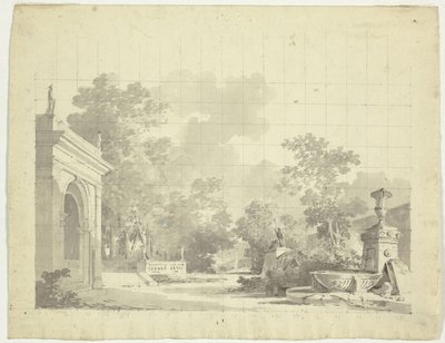 Vista del parque de Versalles: Entrada arqueada a una terraza, urnas y estatuas en ruinas de Pierre Antoine Mongin