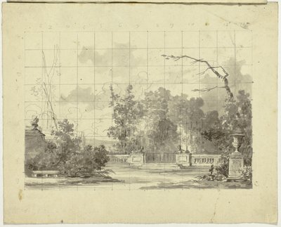 Vista del parque de Versalles: Balaustrada con dos esfinges Urna de Pierre Antoine Mongin