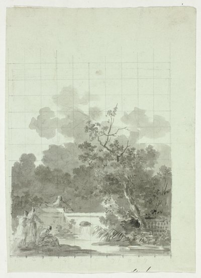 Vista del parque de Versalles: Pescando en un estanque cerca de una arboleda de Pierre Antoine Mongin