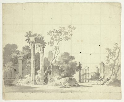 Vista del parque de Versalles: Columnas en ruinas y una puerta de hierro abierta de Pierre Antoine Mongin