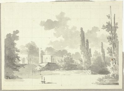 Vista del parque de Versalles: Escalera a la terraza con templo y columna de Pierre Antoine Mongin