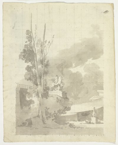 Vista del parque de Versalles: Terraza, árboles y estatua ecuestre de Pierre Antoine Mongin