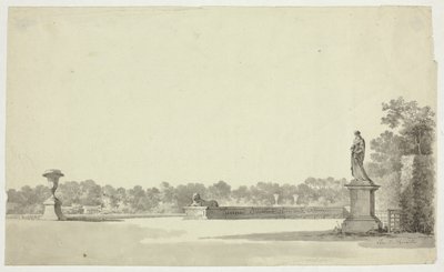 Vista del parque de Versalles: Terraza con urna, esfinge y estatua femenina de Pierre Antoine Mongin