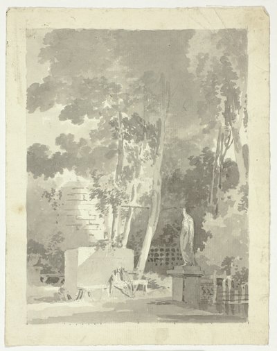 Vista del parque de Versalles: Dos figuras en un banco en un claro, estatua femenina cerca de Pierre Antoine Mongin