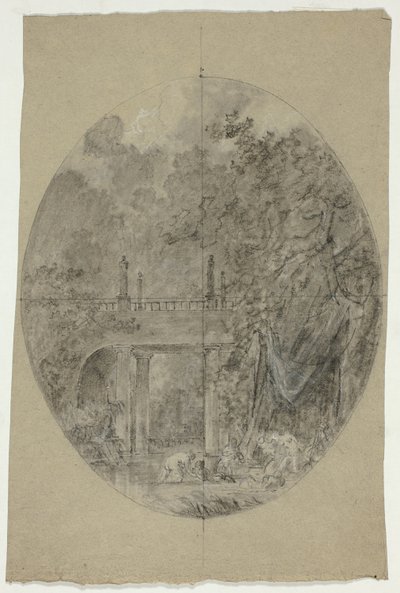 Vista del parque de Versalles: Mujeres bañándose bajo un puente de Pierre Antoine Mongin