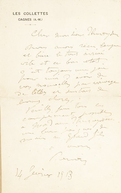 Carta Autógrafa Firmada a Dr. Fritz Thurneyssen, París y Les Collettes, 24 de Junio de 1908 de Pierre Auguste Renoir