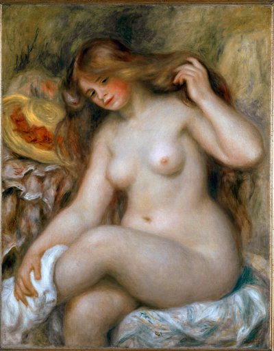 Bañista rubia. Mujer desnuda con cabello muy largo de Pierre Auguste Renoir