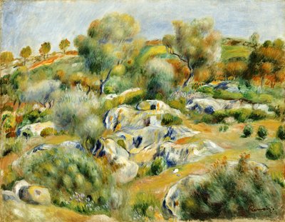 Paisaje de Bretaña con árboles y rocas de Pierre Auguste Renoir