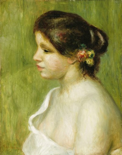 Busto de una joven con flores decorando su oreja, 1898 de Pierre Auguste Renoir
