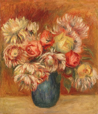Crisantemos en un jarrón verde de Pierre Auguste Renoir