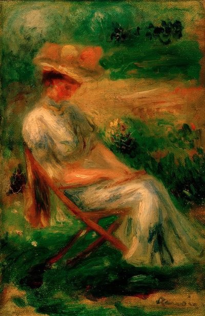 Mujer sentada en un jardín de Pierre Auguste Renoir