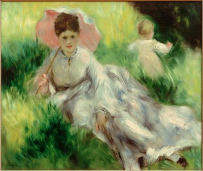 Mujer con sombrilla y niño en una colina soleada de Pierre Auguste Renoir