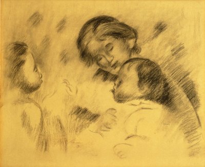 Gabrielle Renard con Jean Renoir y una niña, c.1895-96 (tiza negra sobre tabla) de Pierre Auguste Renoir