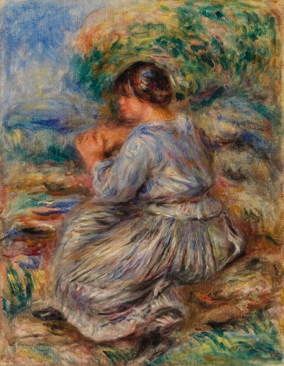 niña sentada en un paisaje de Pierre Auguste Renoir