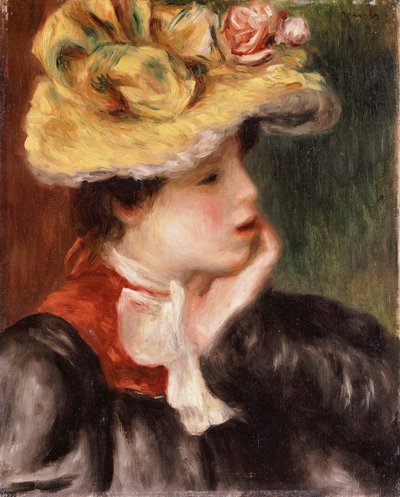Cabeza de una Niña con un Sombrero Amarillo de Pierre Auguste Renoir