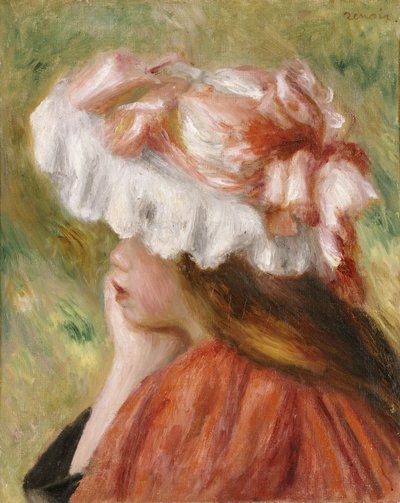 Cabeza de una joven con sombrero rojo de Pierre Auguste Renoir