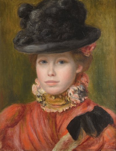 Joven con sombrero negro y flores rojas de Pierre Auguste Renoir