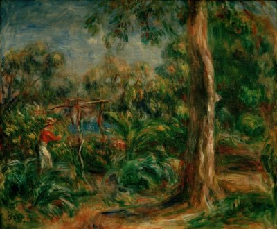 El gran árbol. Mujer con corsé rojo en el jardín de Ca de Pierre Auguste Renoir