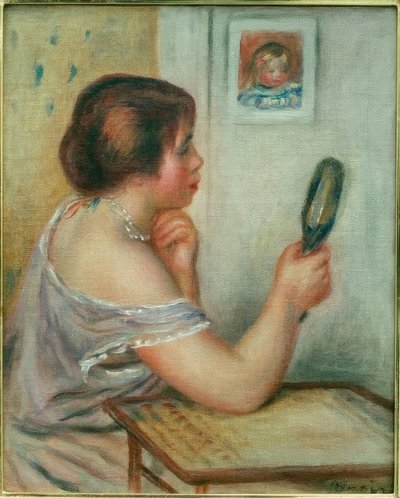 Marie Dupuis sosteniendo un espejo con un retrato de Coco de Pierre Auguste Renoir