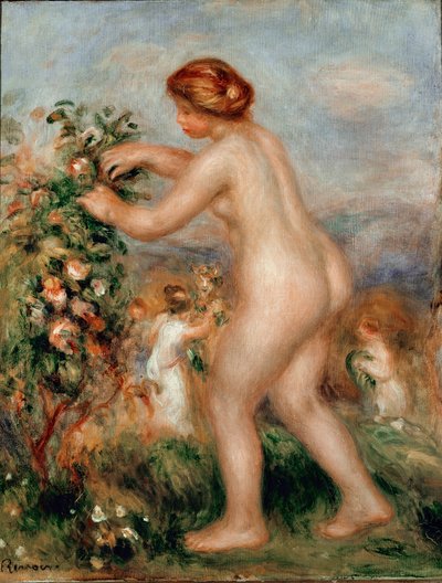 Oda a las flores. Mujer desnuda recogiendo rosas de un rosal de Pierre Auguste Renoir