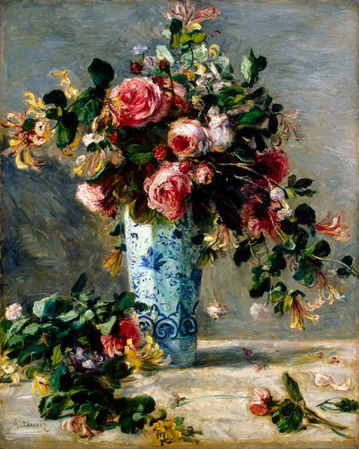 Rosas y jazmín en un jarrón de Delft, 1880-1881 de Pierre Auguste Renoir