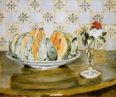Naturaleza muerta de un melón y un jarrón de flores, c.1872 de Pierre Auguste Renoir
