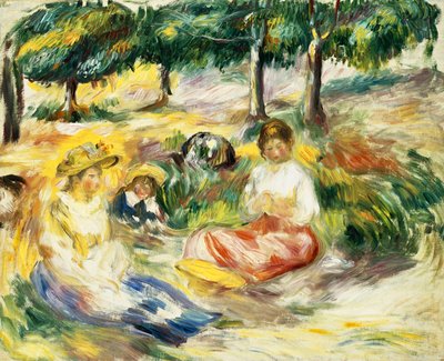 Tres chicas sentadas en el césped de Pierre Auguste Renoir