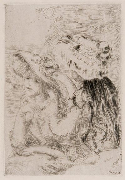 Dos niñas jóvenes colocando flores en sus sombreros de Pierre Auguste Renoir