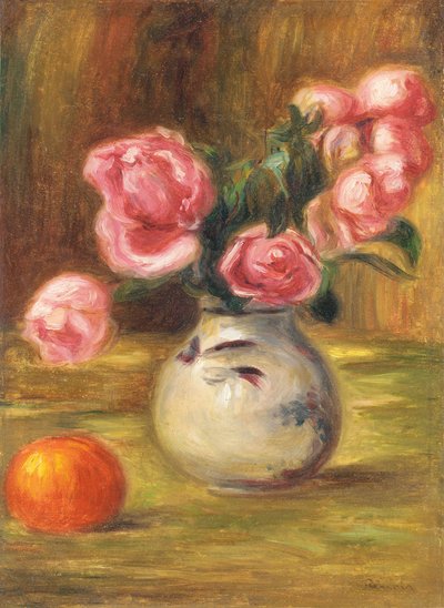 Jarrón de rosas y una naranja, 1910 de Pierre Auguste Renoir