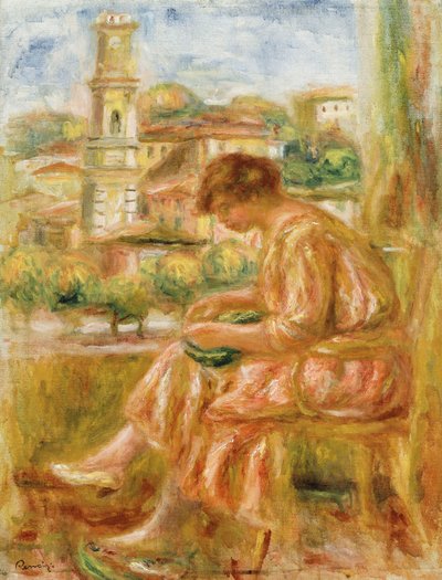 Mujer en la ventana con vista del Viejo Niza, 1918 de Pierre Auguste Renoir