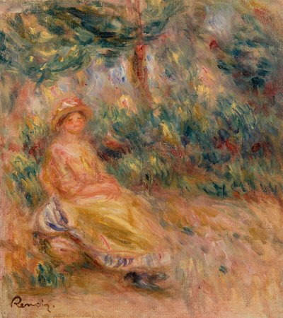 mujer en rosa y amarillo en un paisaje de Pierre Auguste Renoir