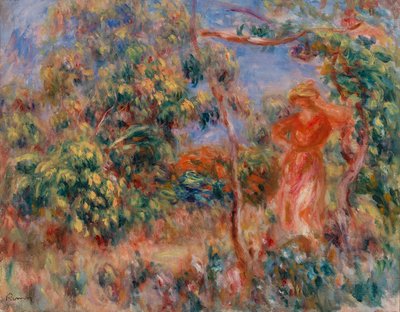 mujer en rojo en un paisaje de Pierre Auguste Renoir