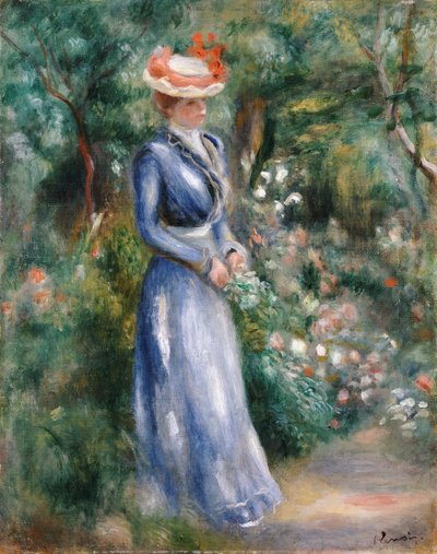 Mujer con vestido azul de pie en el jardín de Saint-Cloud de Pierre Auguste Renoir